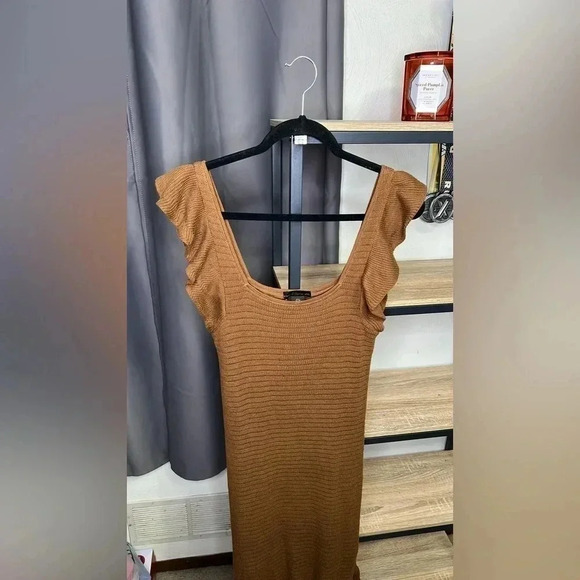 House of Harlow 1960 Square neck Brown Knit Ruffle Hem Midi Tank Dress S - Picture 2 of 6